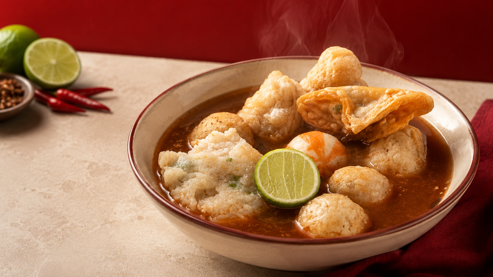 Semangkuk cuanki hangat dengan bakso, tahu, dan siomay